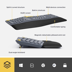 Delux GM903 Teclado ergonómico inalámbrico negro BT + 2,4G Teclado dividido USB Reposamuñecas Escritura natural Compatible con Windows/Mac