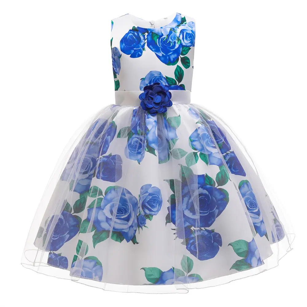נסיכה פרח אלגנטית מסיבת ילדה שמלת ערב הדפסת צווארון עגול שמלות כותנה לתינוקת שמלות נשף לילד נשף