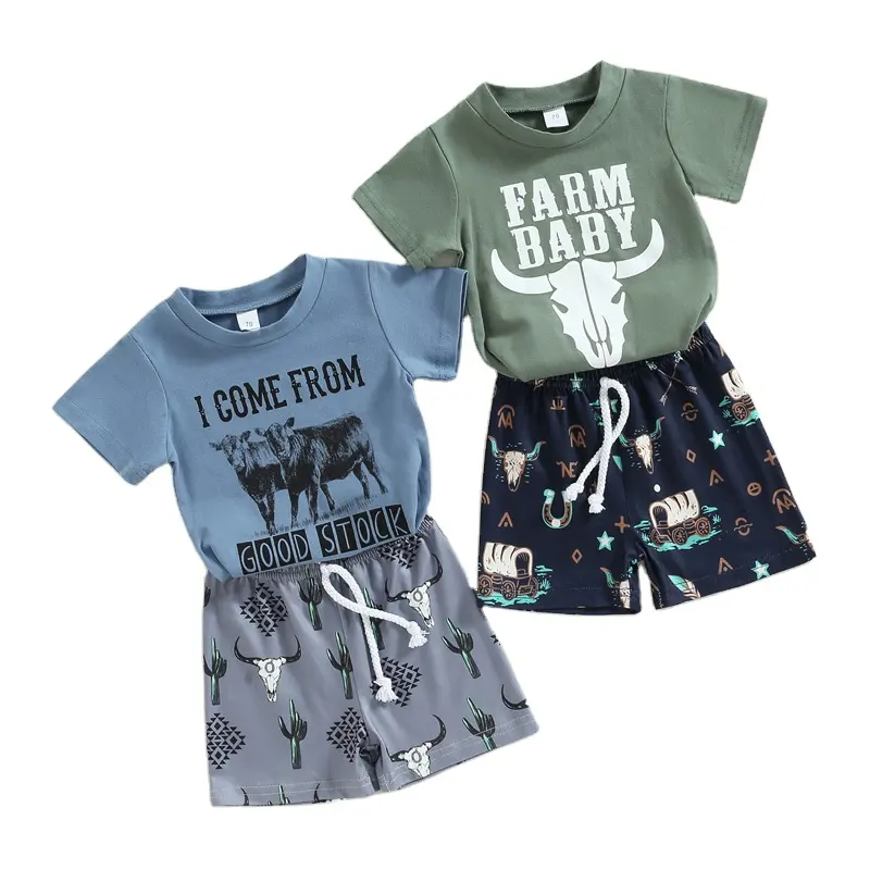 Conjunto de roupa infantil, atacado roupas de criança 2 pçs camiseta de manga curta tops elástico cintura shorts conjunto de roupa de verão para meninos