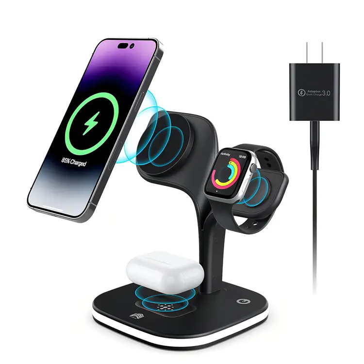 Qi Wireless Charger 15W 5-in-1 Foldable Magnetic Charging Station Stand For iPhone/Apple Watch/Airpods With LED Lamp USB Port