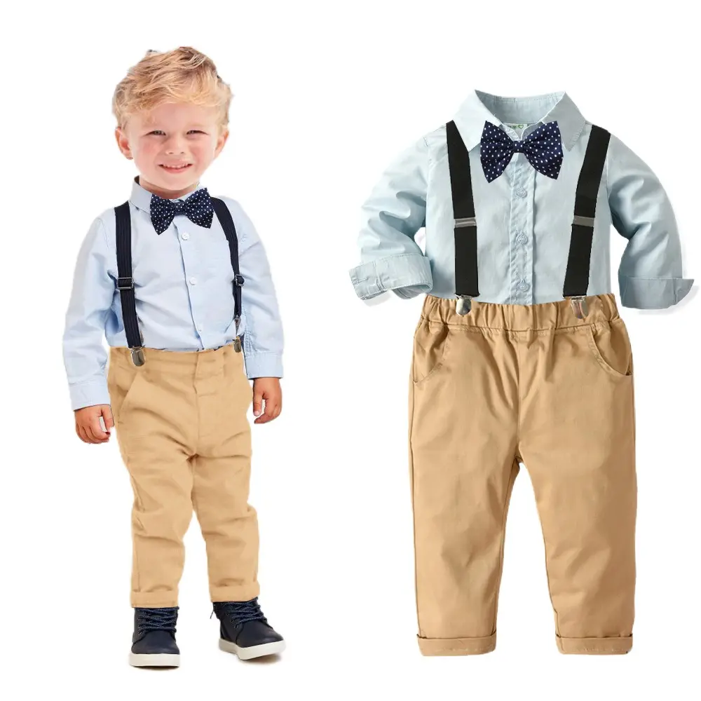 Commercio all'ingrosso confortevole camicetta per bambini abiti da festa per bambini set di abbigliamento per bambini camicia per bambini pantaloni con bretelle superiori