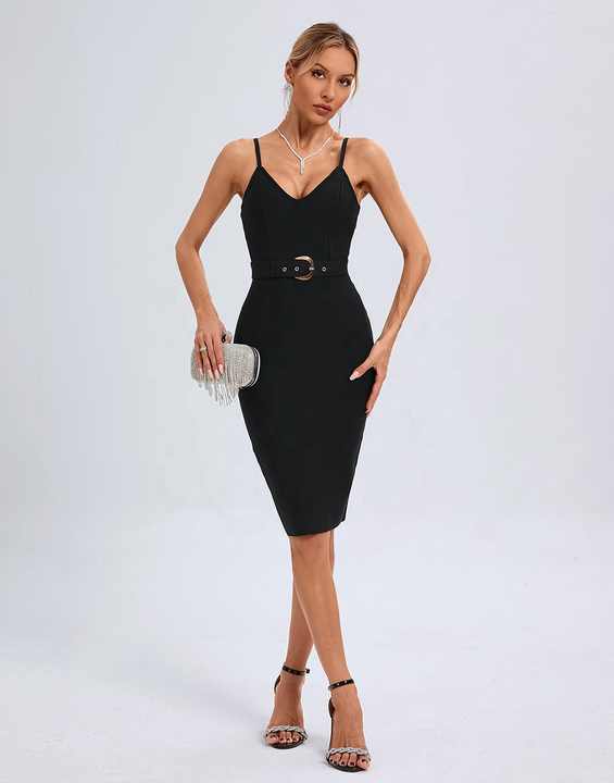 BA441 Black/White Strap Bandage Dress Women Summer 2024 Sexy Deep V Metal Belt Party Casual Midi Dresses Fashion Bodycon Outfits