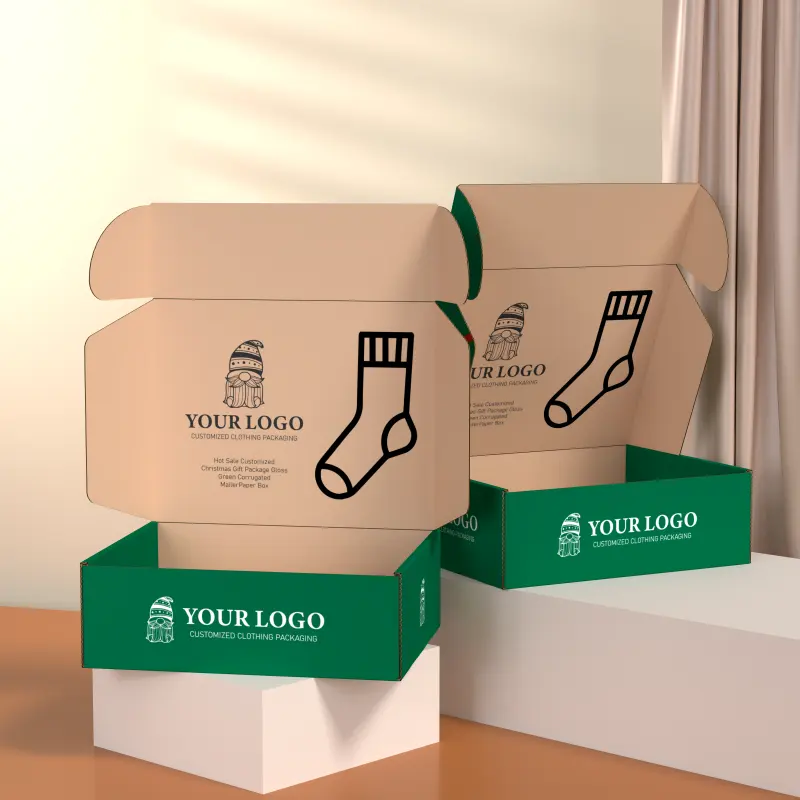 Vendita calda su misura scatole regalo regalo di natale verde calzini per bambini corrugati scatola di imballaggio abbigliamento