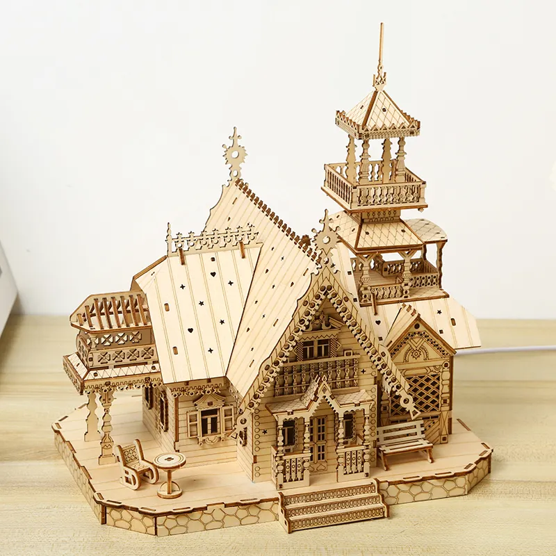 Retro Villa Castle berbentuk kayu kerajinan ornamen 3D kayu Jigsaw teka-teki DIY buatan tangan merakit pondok rumah bangunan Model Kit