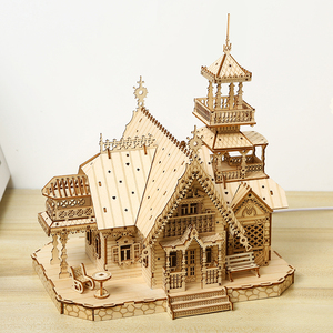 复古别墅城堡形木质工艺品摆件3D木制拼图DIY手工组装平房建筑模型套件 - Product Image 1