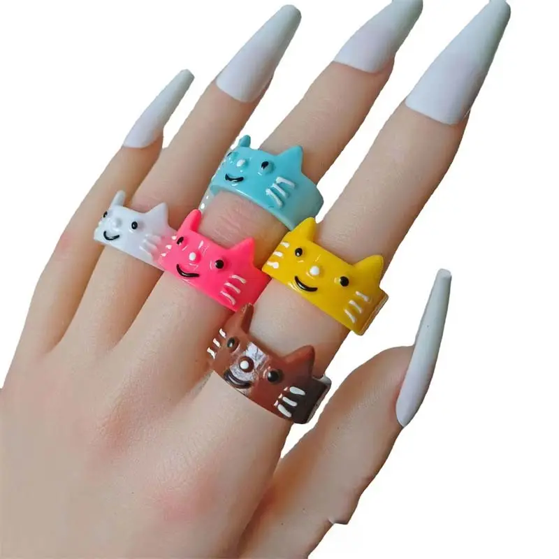 Go Party-anillo acrílico de resina para gatos y gatitos, anillo de nudillo tridimensional de dibujos animados de animales pequeños, anillo grueso de plástico para dedos