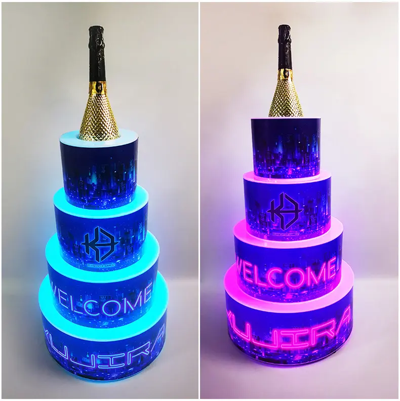 LOGO personalizado Bespoke Nome 4 níveis LED bolo de aniversário Boate Partido Glorifier Display Vip champanhe Garrafa Apresentador