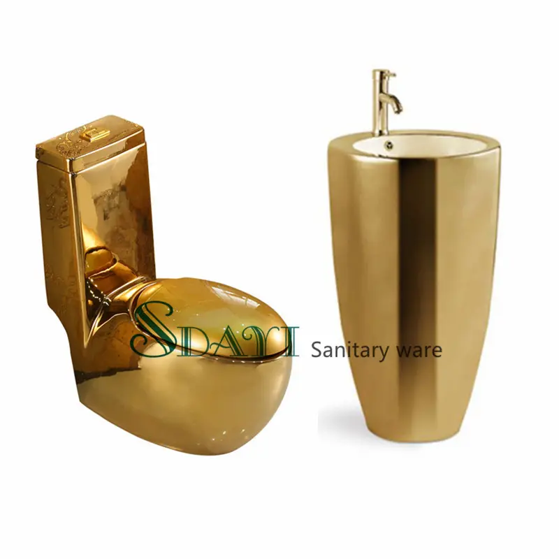 Inodoro de color dorado, lavabo Con pedestal, conjunto de inodoro de color dorado