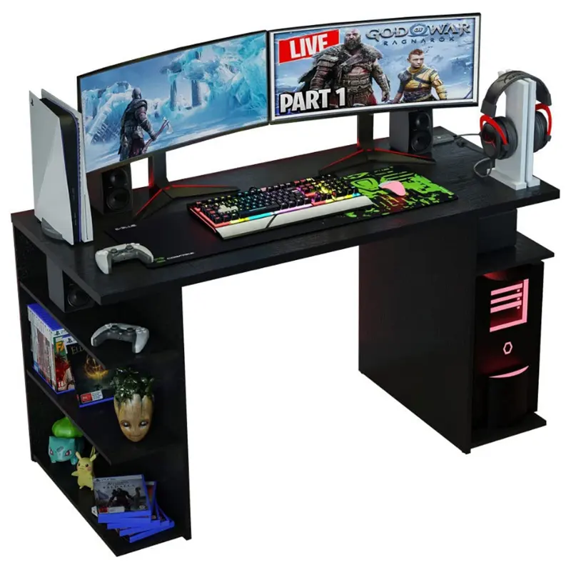 Escritorio de madera para Gaming con 5 estantes, gestión de cables y soporte de Monitor grande