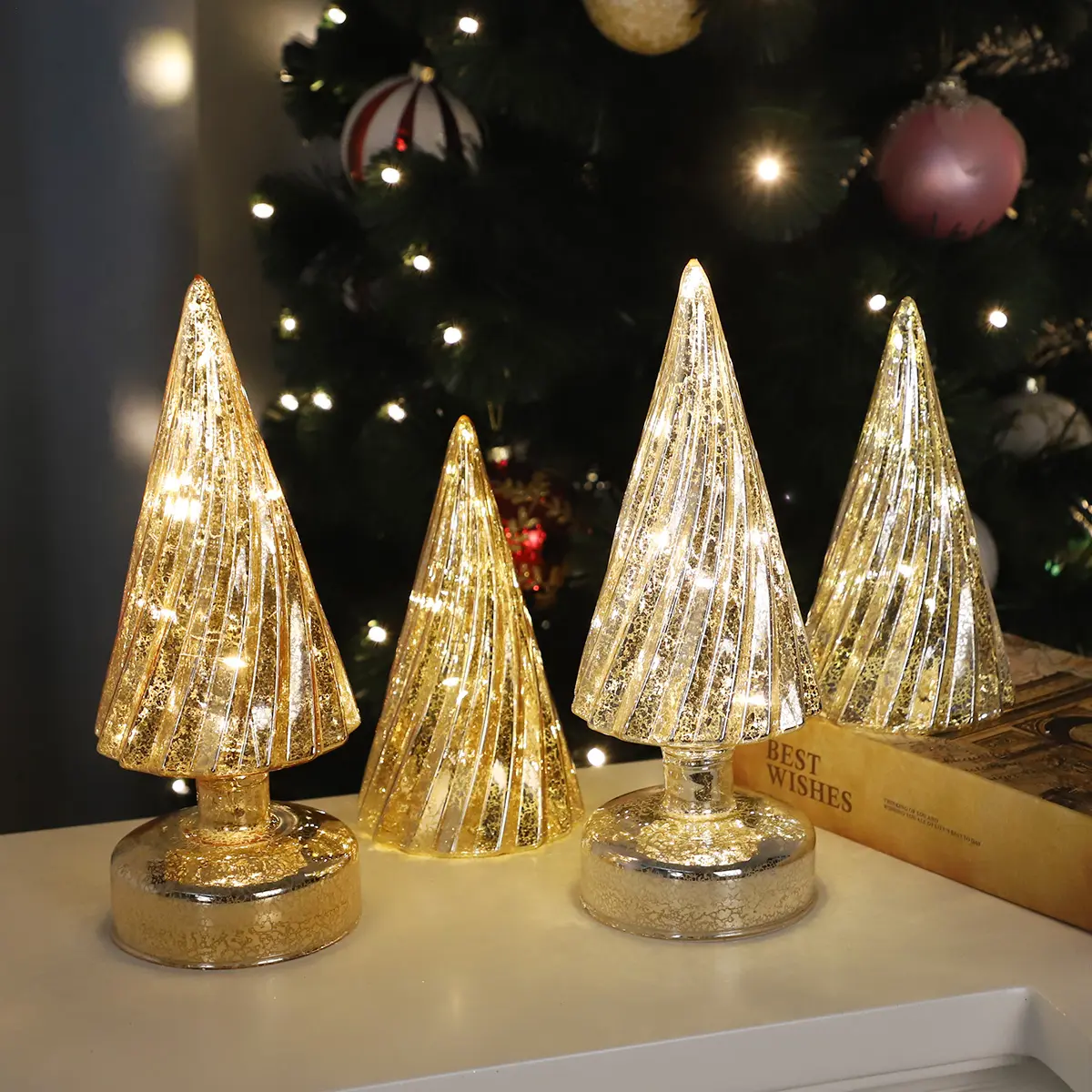 Juego de figuritas de árbol LED de vidrio de mercurio retro decorativas pequeñas de vidrio soplado iluminado Decoración de mesa de árbol de Navidad