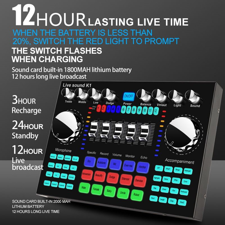 K1 Live Sound Card with Effects Voice Changer Audio Mixer for Live Broadcast Mic