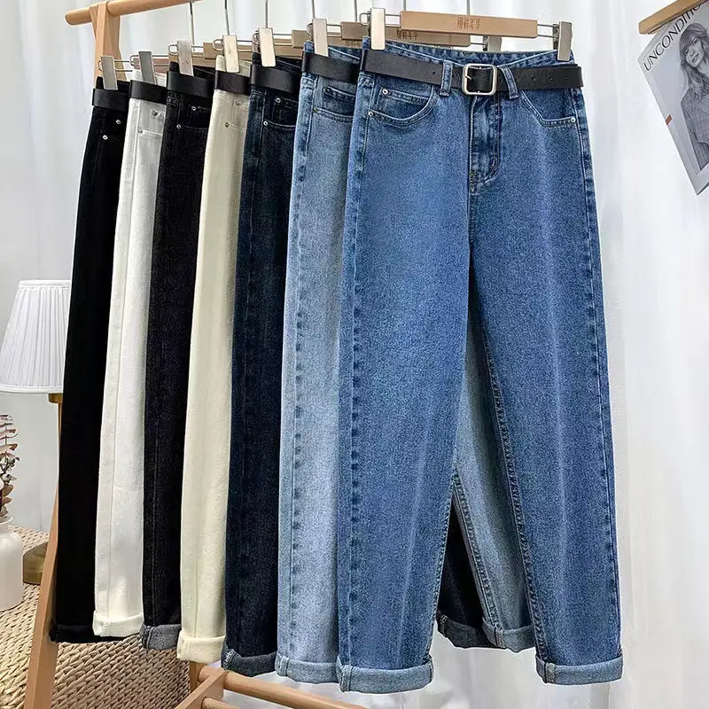 Calça jeans feminina de verão 2024, moda feminina personalizada, tendência de cintura alta, solta, estampa média, tricotada, ideal para mulheres