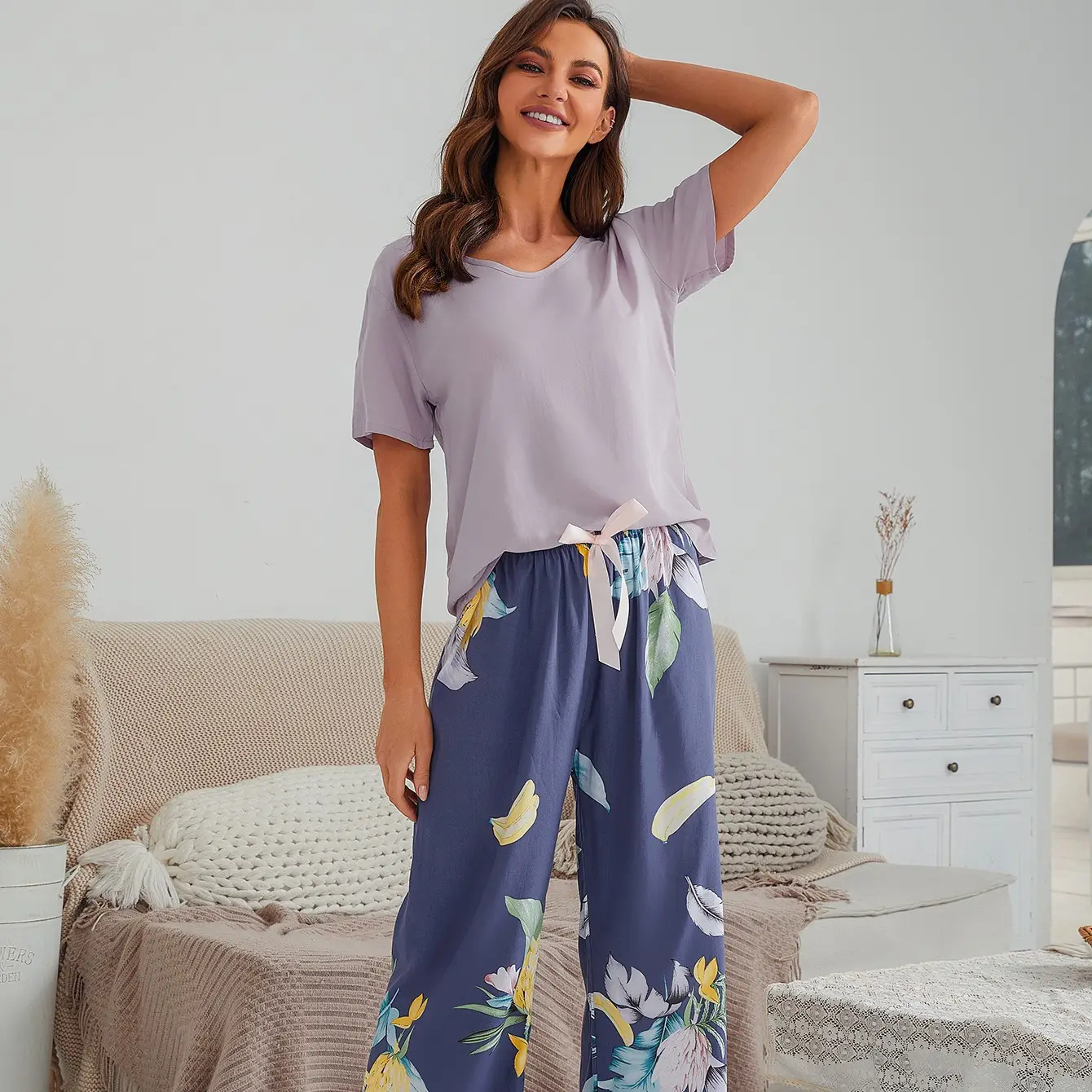Sommer Pyjamas Set für Frauen Baumwolle Viskose Kontrast farbe Pyjamas Kurzarm Tops mit langen Hosen Damen Pj Set
