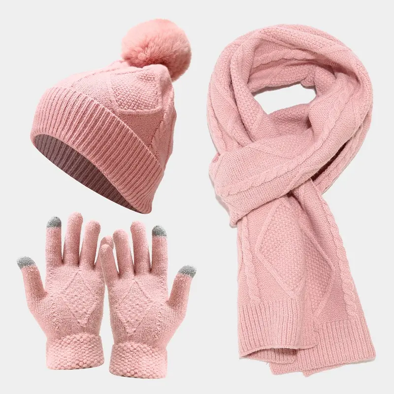 Ensemble de gants, écharpe et chapeau en tricot de haute qualité pour l'extérieur, 3 pièces pour femmes, Logo personnalisé, motif Jacquard, ensembles d'hiver populaires