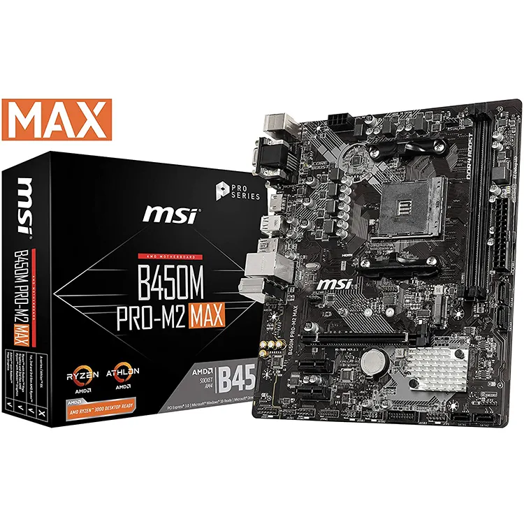 MSI ProSeries B450M PRO-M2 MAX เมนบอร์ดเกมสนับสนุน AMD Ryzen 1st และ2ND Gen AM4 M.2 USB 3 DDR4 D-Sub DVI Micro-ATX