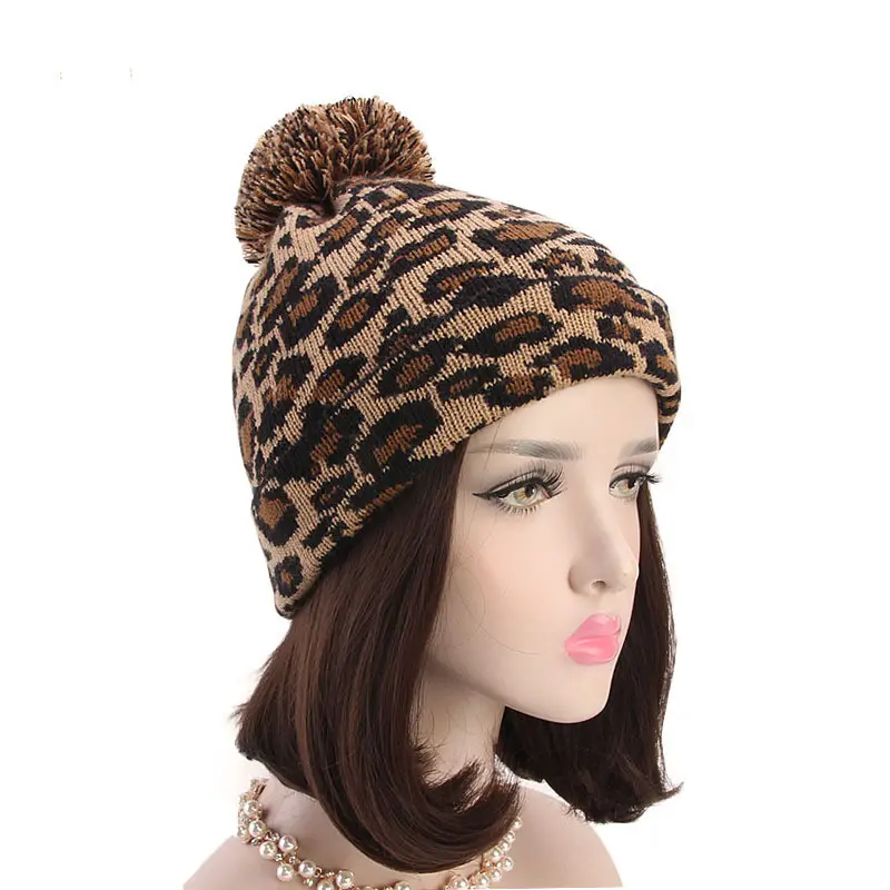 Moda inverno donna berretto lavorato a maglia all'uncinetto con Pom Pom inverno caldo cappello da sci stile leopardo donne amano cappello lavorato a maglia MXM-124