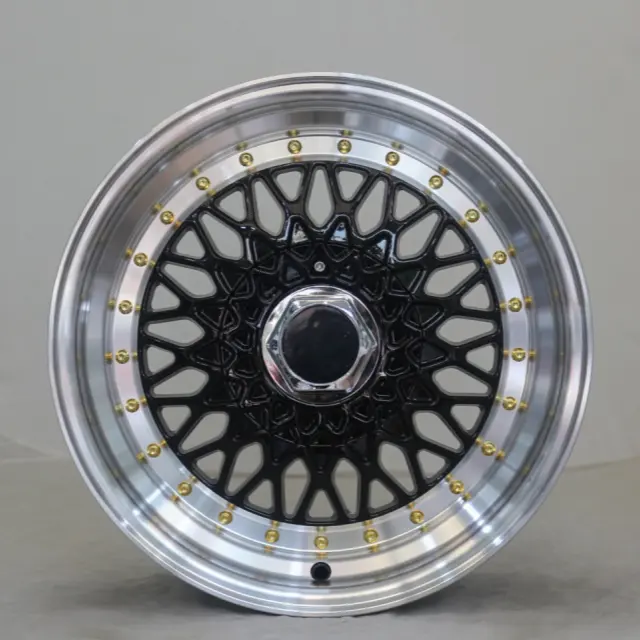 Jy Prix de gros d'usine Jantes en alliage d'aluminium BBS RS Jantes 14 15 pouces jante noire rivets dorés/jante fine flash argentée rivets dorés