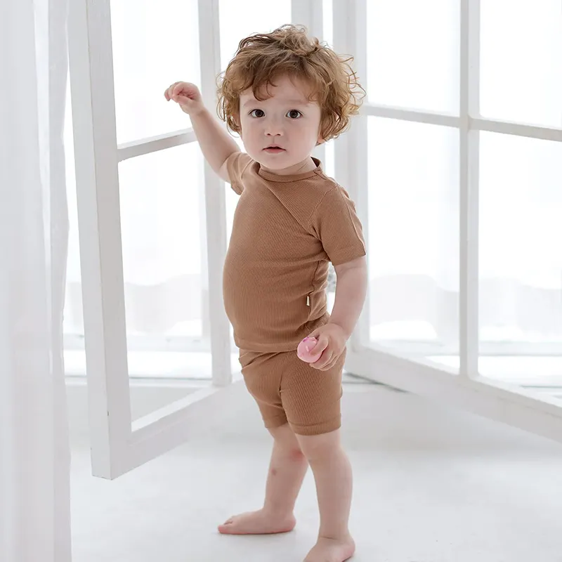 Grosir kustom katun organik musim panas massal pakaian bayi bambu anak-anak jumpsuit lengan pendek setelan santai anak-anak