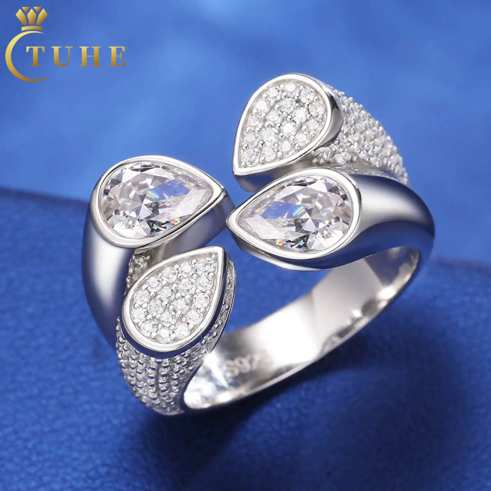 Nuovo arrivo gioielli di fidanzamento di lusso 925 in argento Sterling taglio a pera AAAAA CZ diamante due pietre promessa anello