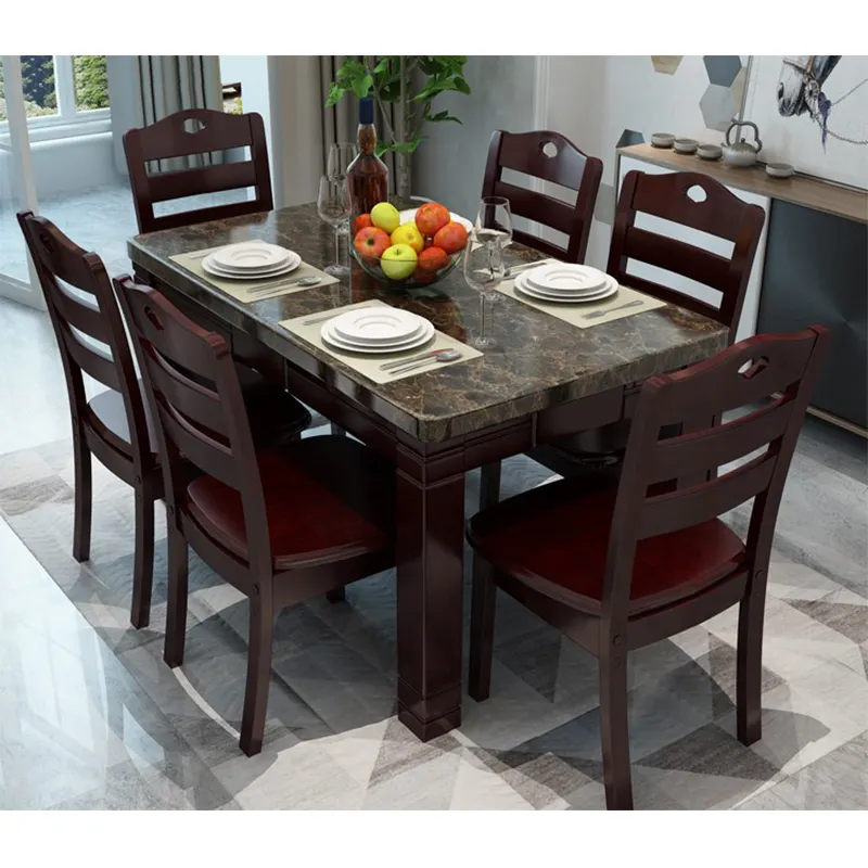 Mobiliário doméstico clássico retangular, simples, mármore, conjunto de mesa de jantar, 6 lugares, design de luxo, mesa de jantar e cadeira