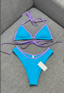 Logotipo personalizado 2025 Conjuntos de Bikini triangular de dos piezas Traje de baño con estampado de colores en contraste Ropa de playa de encaje Cadena de diseñador personalizada - Product Image 4