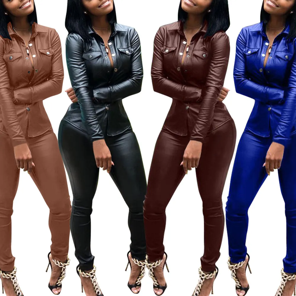 Zweiteilige pu Lederjacke Set Herbst Kleidung für Frauen 5 Farbe S-XXXL Winter Overalls PU Leder hemd + Bleistift Hose Trainings anzug