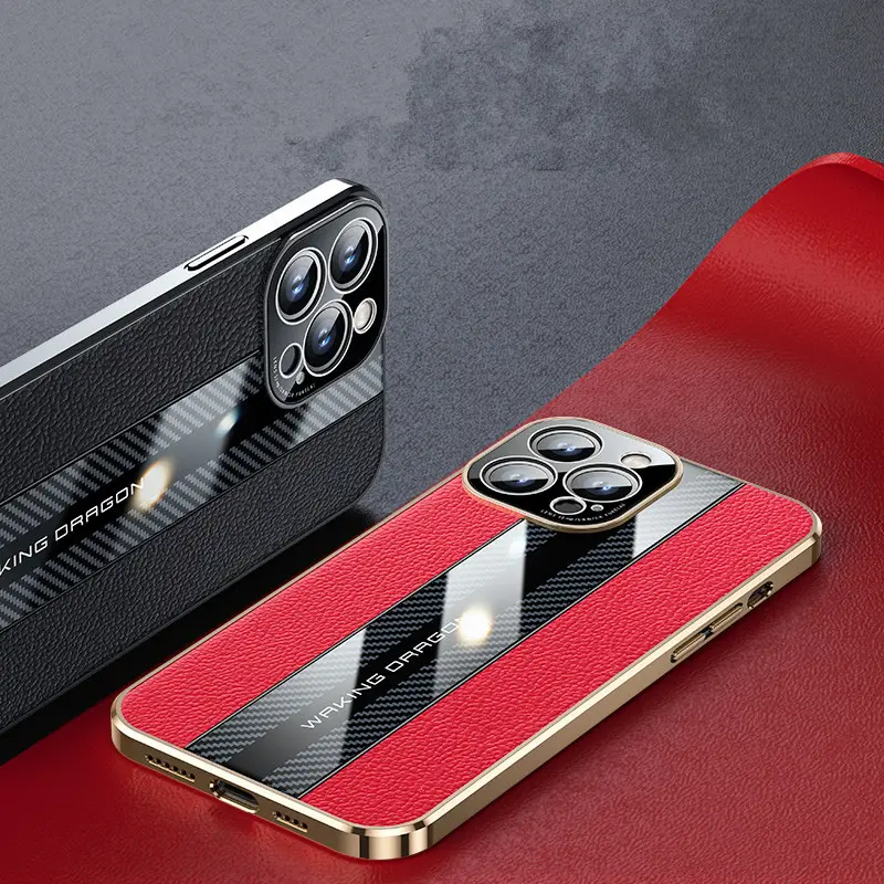 Genuine Leather Electroplated Glossy Frame Phone Case For iPhone 14 13 Carbon Fiber Splicing Racing Car Shockproof Case