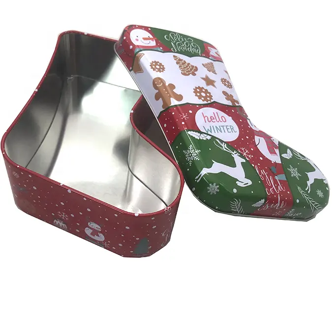 Yeni tasarım noel Stocking hediye teneke kutu ambalaj Merry Christmas şeker Metal kutu