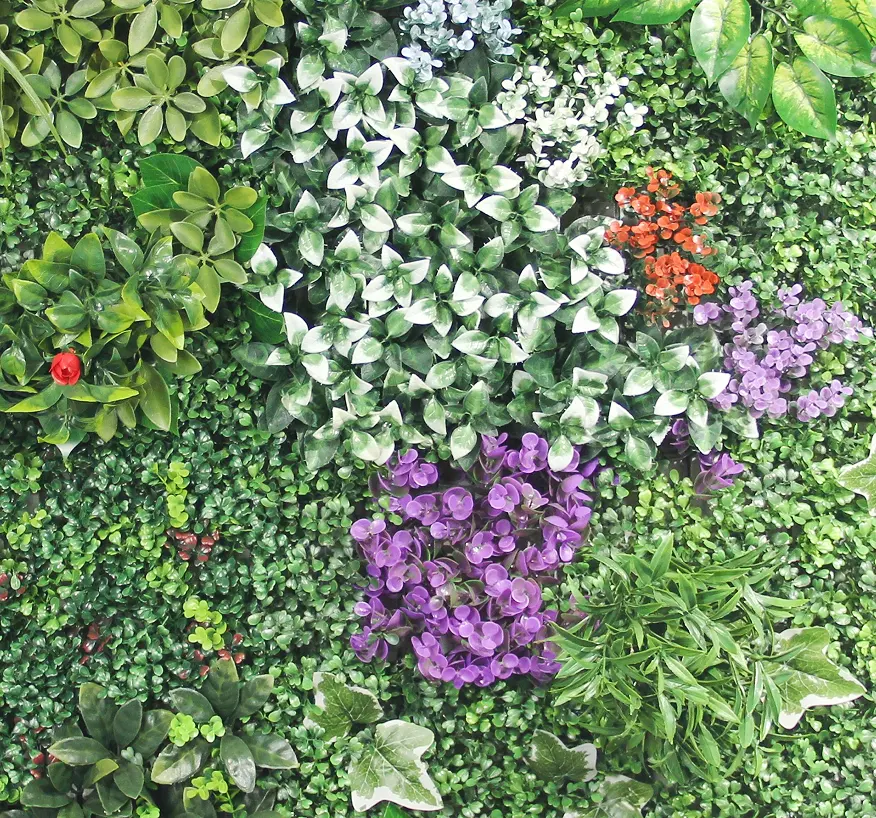 Tizen 3D 수직 녹지 정글 벽 패널 인공 플라스틱 식물 잔디 꽃 벽 장식 Tizen 벽 녹지 정글