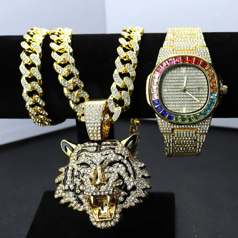 Часы в стиле хип-хоп, подарочный набор, ожерелье с подвеской в виде тигра для мужчин, мужские часы со сверкающими звеньями, цепи из кубинской цепи, роскошные часы для мужчин, ювелирные наборы