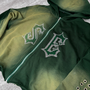 Ağır damla omuz sıkıntılı Zip Hoodie Streetwear boy Rhinestone Hoodie özel baskı Aicd yıkama fermuarlı kapüşonlu eşofman üstü - Product Image 5