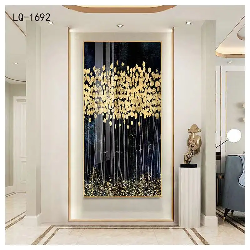 Décoration de porche nordique de luxe feuilles d'or arbre de Fortune mural toile cristal porcelaine peinture fleur peinture