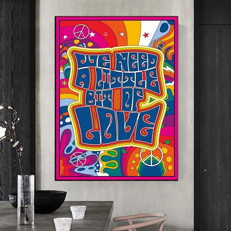 4 pezzi Retro Hippie inglese lettera amore e cuore wall Art immagini e poster stampa su tela pittura per la decorazione domestica cuadros