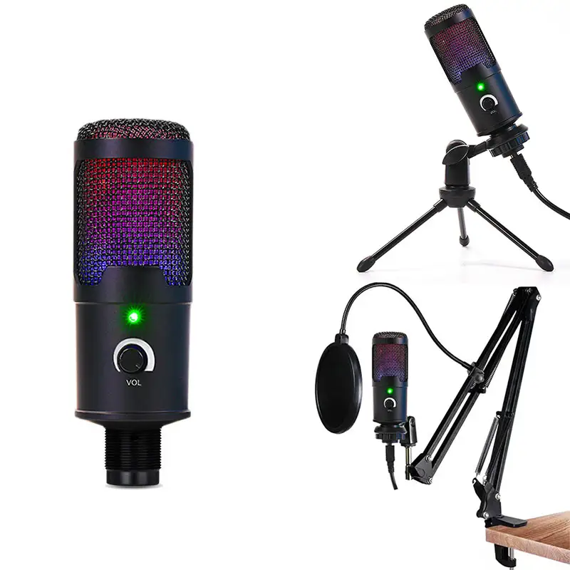 Professionale Led RGB Shock Mount Desktop Live Wired Mic Podcast Usb Condenser Studio registrazione microfono da gioco per laptop