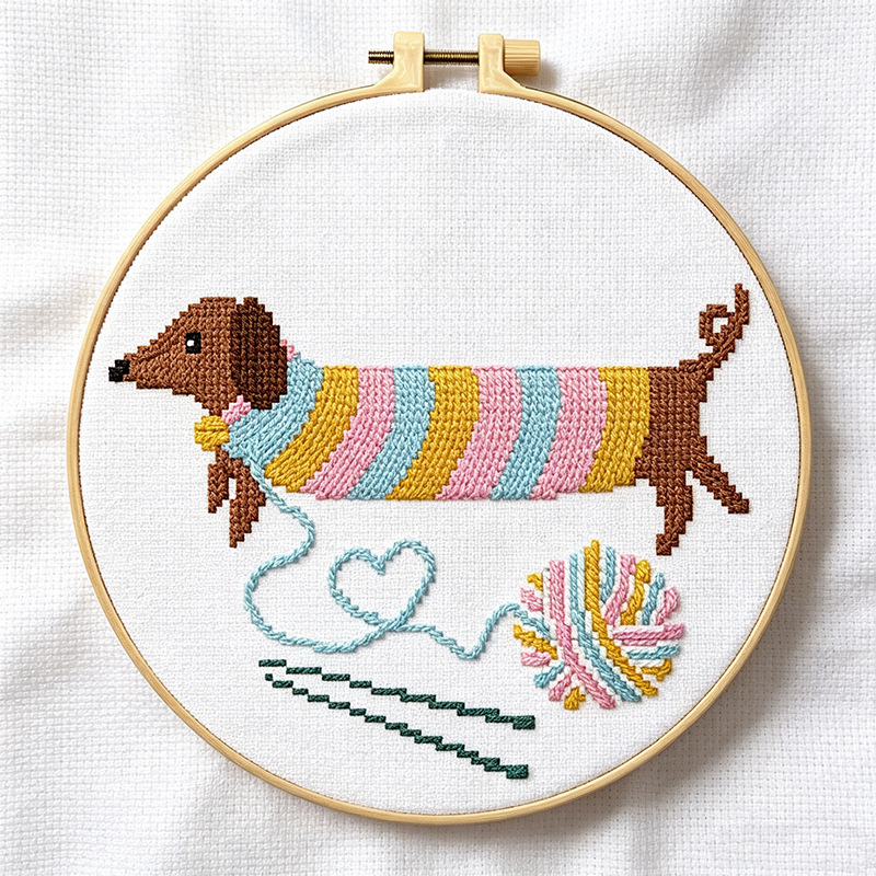 Cross-stitch wall art-yarn dog unfinished
