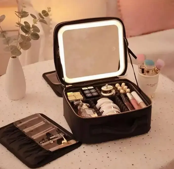 Waterproof Large Capacity Desktop Cosmetic Storage Box Mirror Led Light Beauty Case Make Up Bag