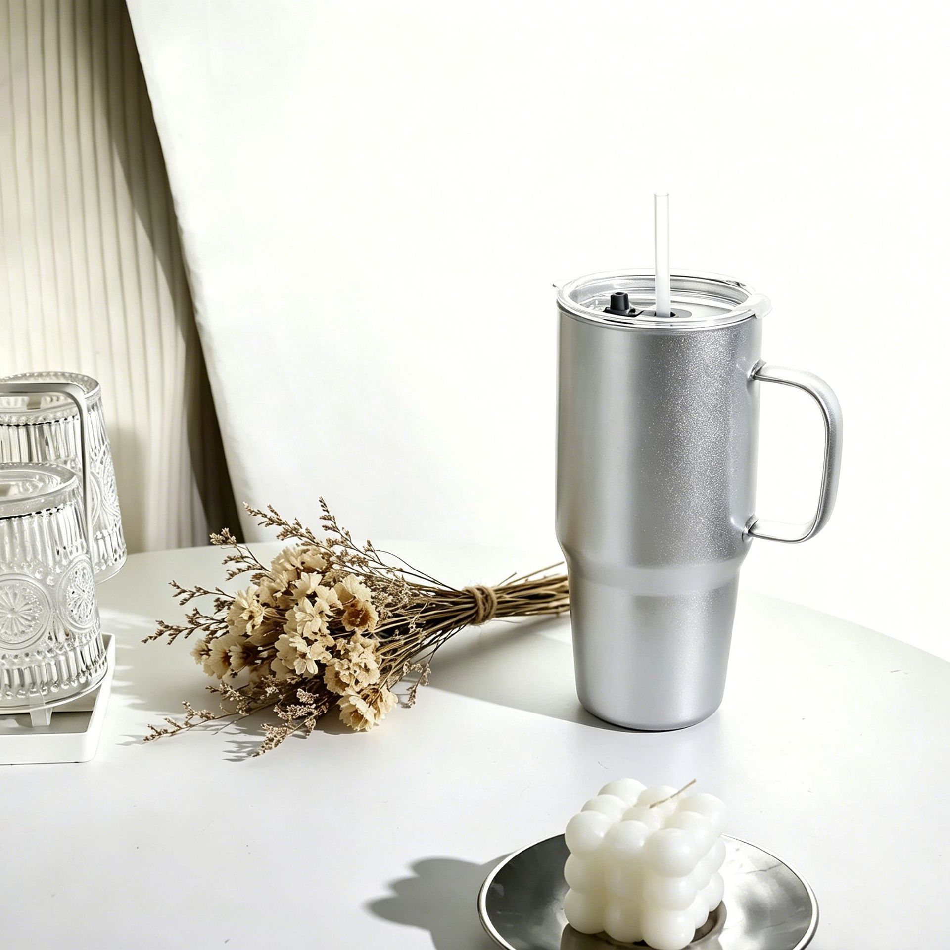 Tasse à paille pour moto en verre borosilicate argenté
