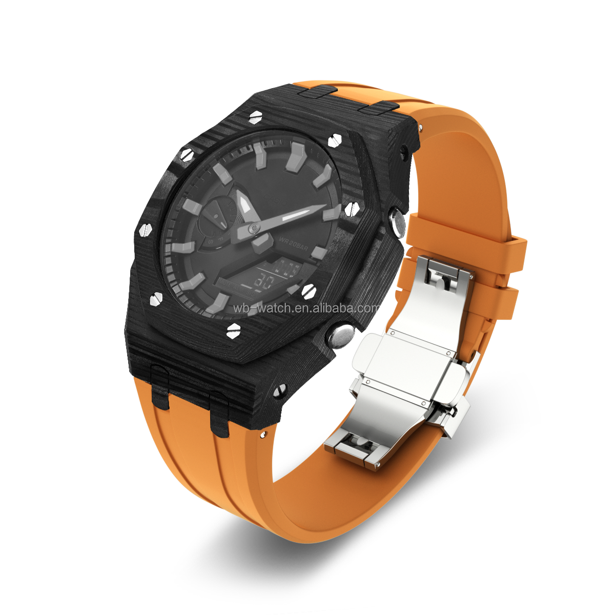 Boîtier de montre en fibre de carbone noir + ruban orange
