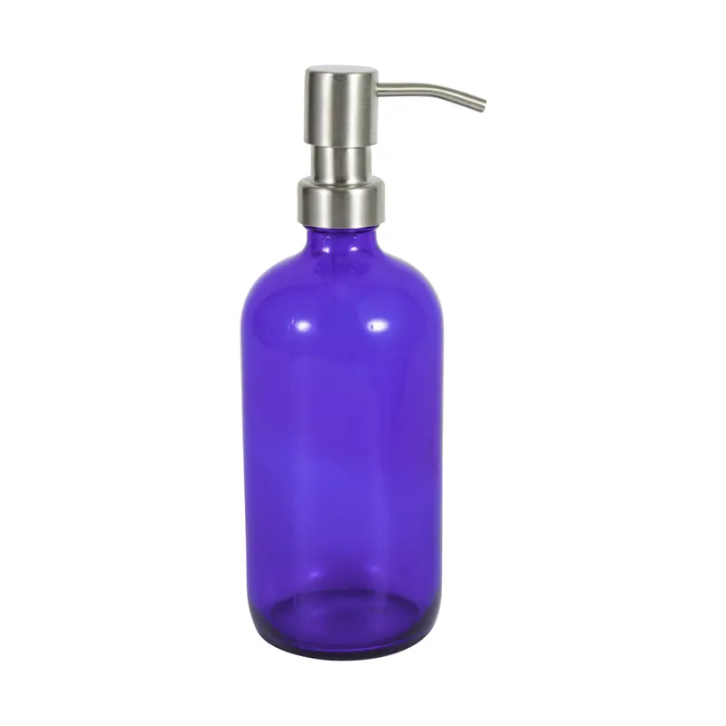 液体石鹸用シルバーステンレススチールローションポンプ付き16オンスコバルトブルー空ボストンラウンドガラスボトル