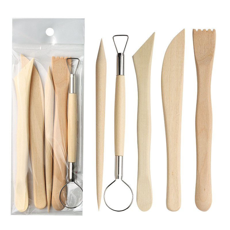Ensemble d'outils en argile et bois de haute qualité, 5 pièces - Couleur bois naturel