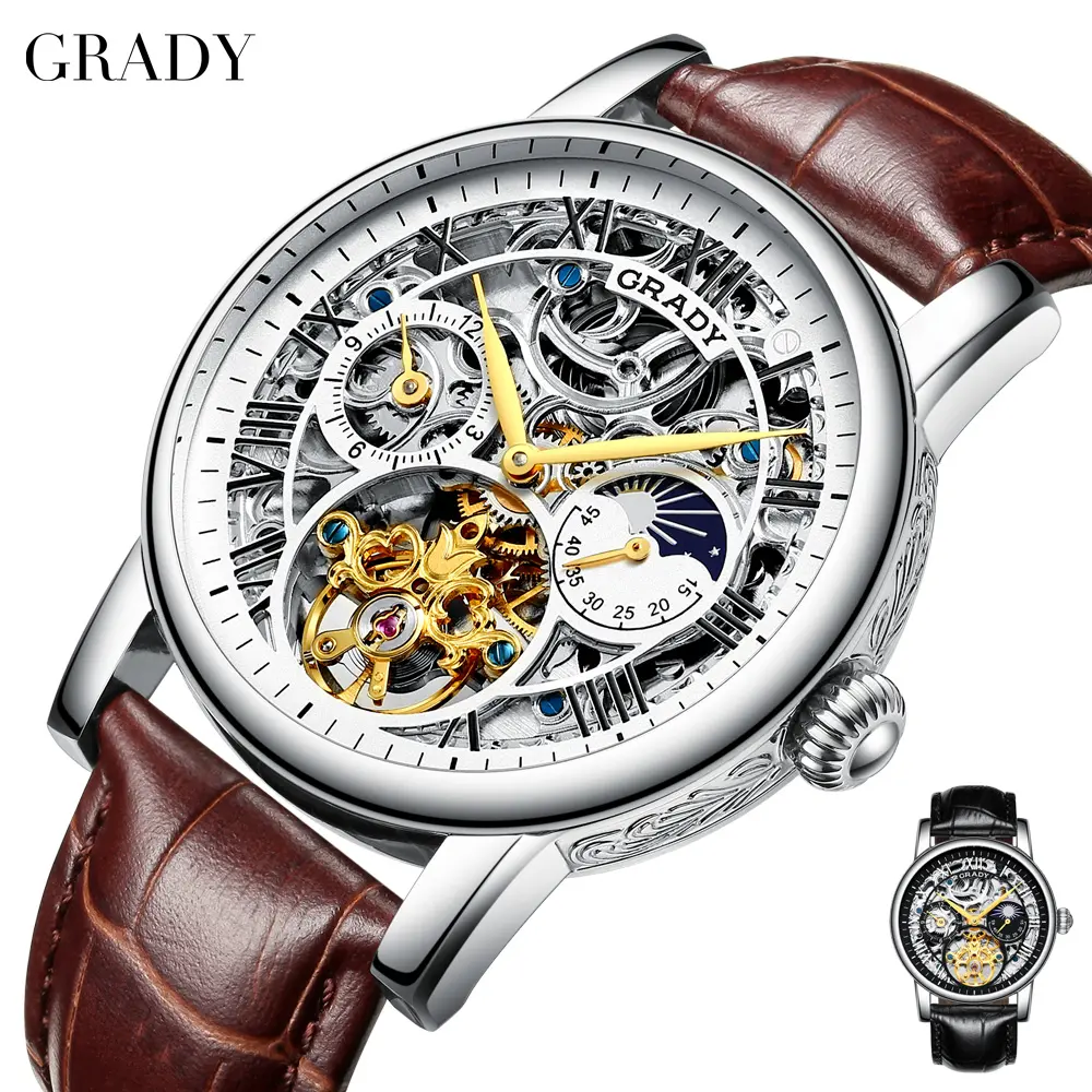 Luxury mechanical Automatic multifunctional tourbillon watch elegant genuine alligator strap watches men