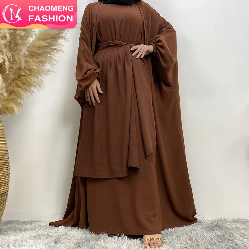 1944 # Beste Verkoop Ontwerp Eenvoud Veelzijdige Mouwloze Binnenjurk En Grote Wrap En Vest 3 Stuks Vrouwen Abaya Set Eid Kleding