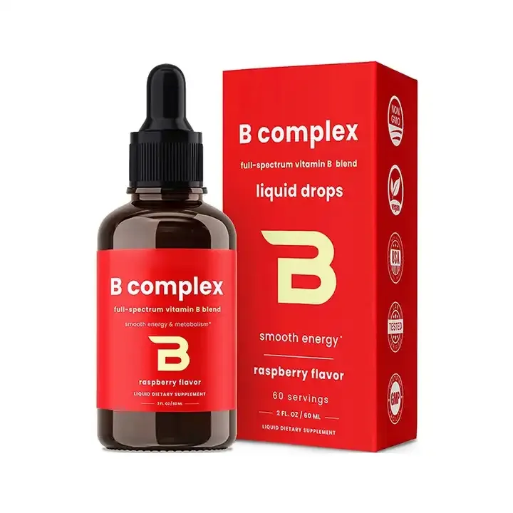 Vendita calda OEM vitamina B Complex liquido gocce integratore con B1 B2 B3 B6 B7 B9 e metil B12 gocce per adulti e bambini