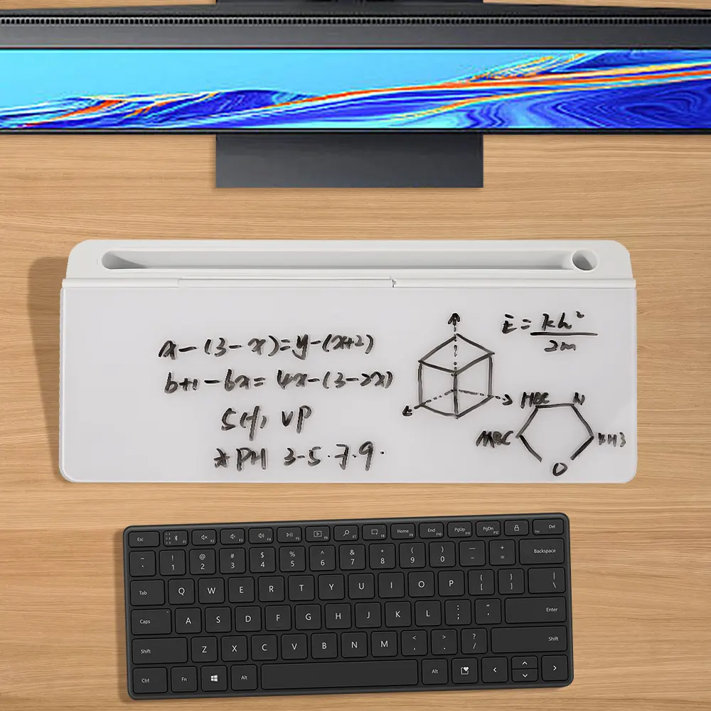 Soporte de teclado de alta calidad, hojas de nevera, tablero de borrado en seco de vidrio de escritorio, almacenamiento de pizarra, organizadores de escritorio acrílicos