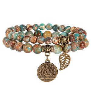 แฟชั่นที่กําหนดเองราคาถูกโชคดีหยกทําด้วยมือ Boho หนังที่มีประสิทธิภาพต้นไม้แห่งชีวิตหินธรรมชาติชุดสร้อยข้อมือสําหรับผู้หญิงที่มีบัตร - Product Image 6