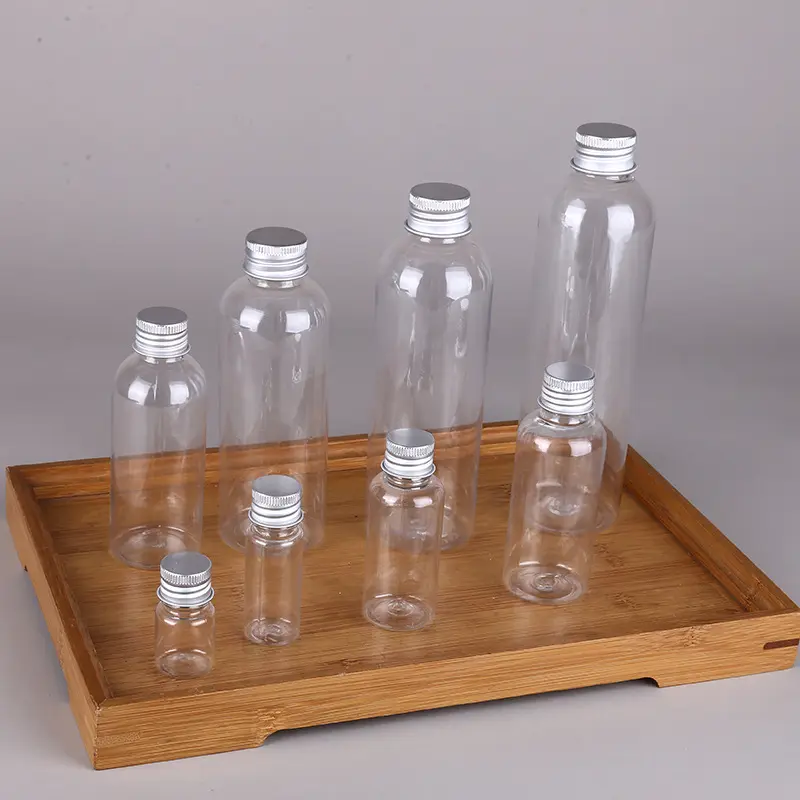 Manufacturers Wholesale transparent PET small mouth plastic bottles with aluminum screw lids