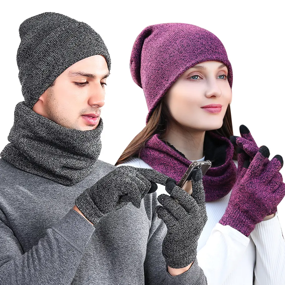 Toppa in pelle personalizzata Warm Coral Fleece foderata in acrilico lavorato a maglia Slouchy Beanie Hat sciarpa guanto Set invernale per donna e uomo