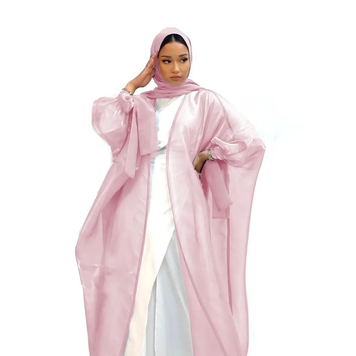 Robe abaya islamique unie en soie à couverture ouverte sur le devant avec hijab