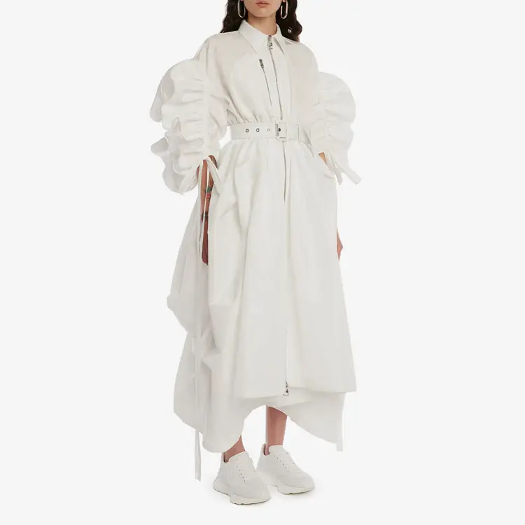 Robe chemise blanche pour femmes, vêtement décontracté, avec fermeture éclair à l'avant, ceinture à la taille, manches longues, cordon coulissant, poche latérale, vente en gros,