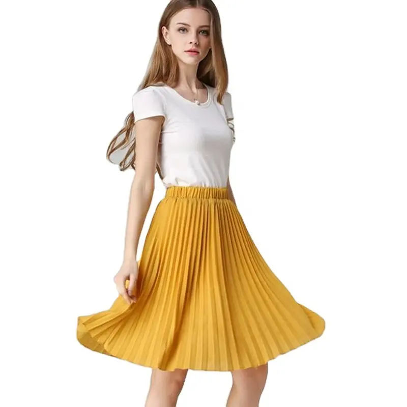 Lancai chiffon high quality elegant Casual Latest Skirt Design Midi Summer Pleated Skirts Women Plus Size Fashion